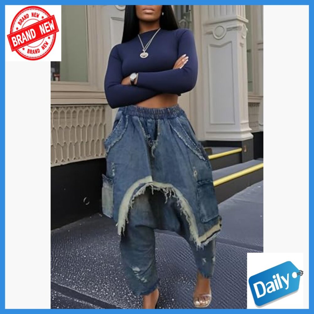 Patchwork Ripped Denim Harem Pants Elastic Waist … - image 6